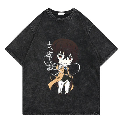 Bungo Stray Dogs: Vintage Washed Tshirt Loose Y2k Streetwear Print Casual 100% Cotton Harajuku Cool Tops Tees For Men Women