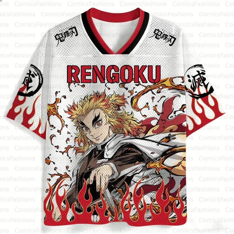 Demon Slayer: Kyojuro Rengoku Flame Hashira Oversize V-Neck Jersey Unisex Streetwear Daily Casual Outfit T-shirt for Anime Fans