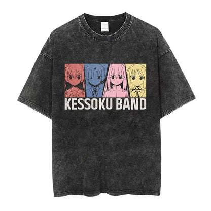 Bocchi The Rock: Manga Ryo Top Print Vintage T-Shirt Casual Basis O-Collar Black Shirt Short Sleeve Washed T-Shirt