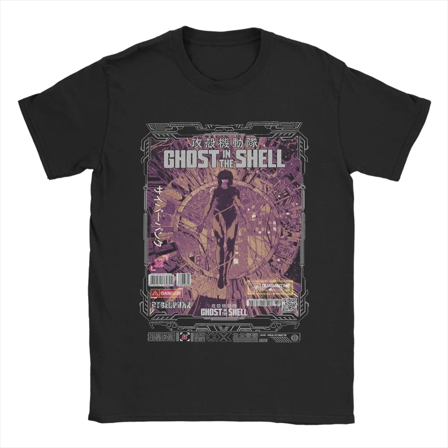 Ghost in the Shell: Major & Japanese Text Print T-Shirt Oversized Black Streetwear Cotton Tee Anime Sci-Fi Aesthetic