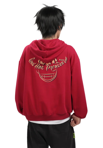 One Piece: DAZCOS Luffy Red Hoodie Polyester Luffy Printed Hoodie Cosplay Men Red Hoodie Pullover Costume with Pocket Daily Casual Wear