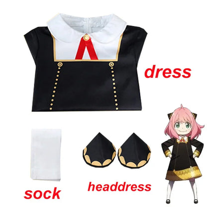 Spy X Family:  Anya Forger Cosplay Costume Black Dress Uniform Child Girls Pink Wig Stockings Party Role Outfit Adults Kids