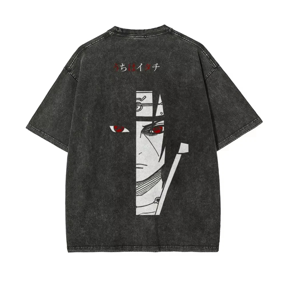 Naruto: Itachi Uchiha T Shirt  Men Acid Wash Red Sharingan Eye Anime Graphic Cotton Streetwear Manga Ninja Half Face Vintage Tee