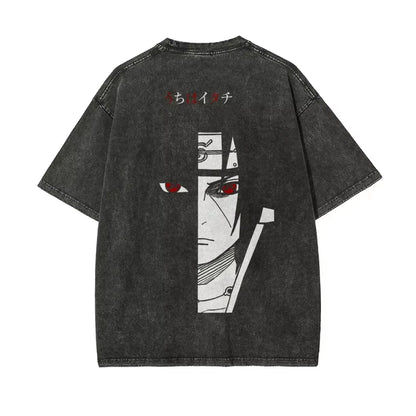 Naruto: Itachi Uchiha T Shirt  Men Acid Wash Red Sharingan Eye Anime Graphic Cotton Streetwear Manga Ninja Half Face Vintage Tee