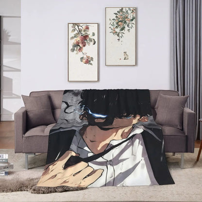 Solo Leveling: Printed Flannel Warm Anime Soft Blanket Bold Black and White Design For Sofa Living Room Office Season Travel Gift