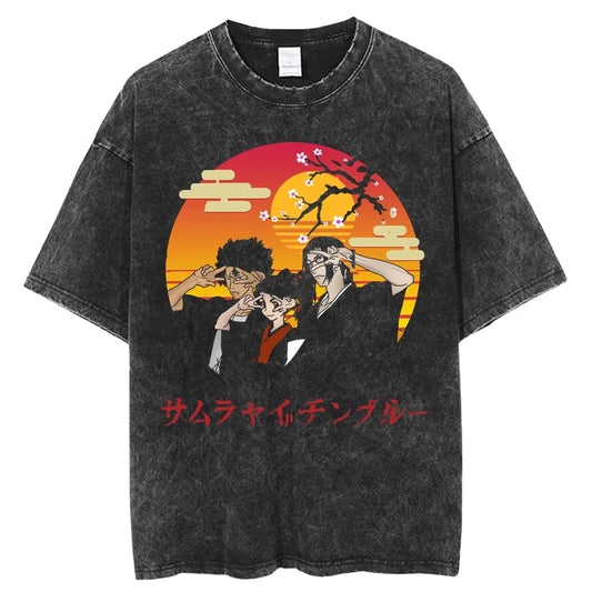 Samurai Champloo: T-shirt Vintage Washed Oversized T-Shirts Men's Women's Clothing Pure Cotton Short-Sleeved Tees