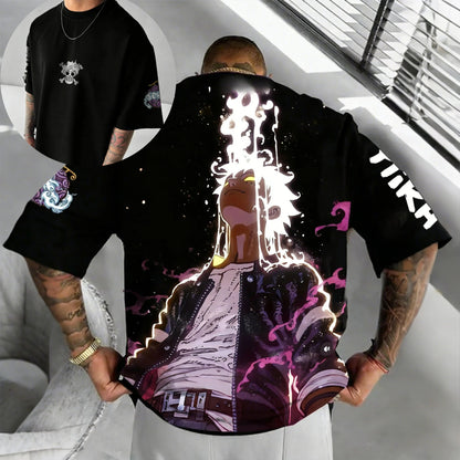One Piece: Anime Printed Luffy Surrounding Round Neck Short Sleeve 2026 Spring/Summer Men's Loose Breathable Cotton T-shirt
