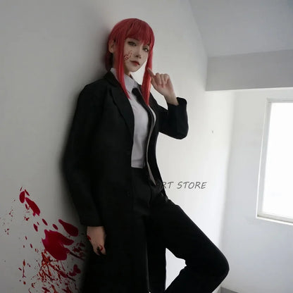 Chainsaw Man: Makima Cosplay Black Trench Shirt Tie Pants Makima Wig Long Light Red Braid Uniform