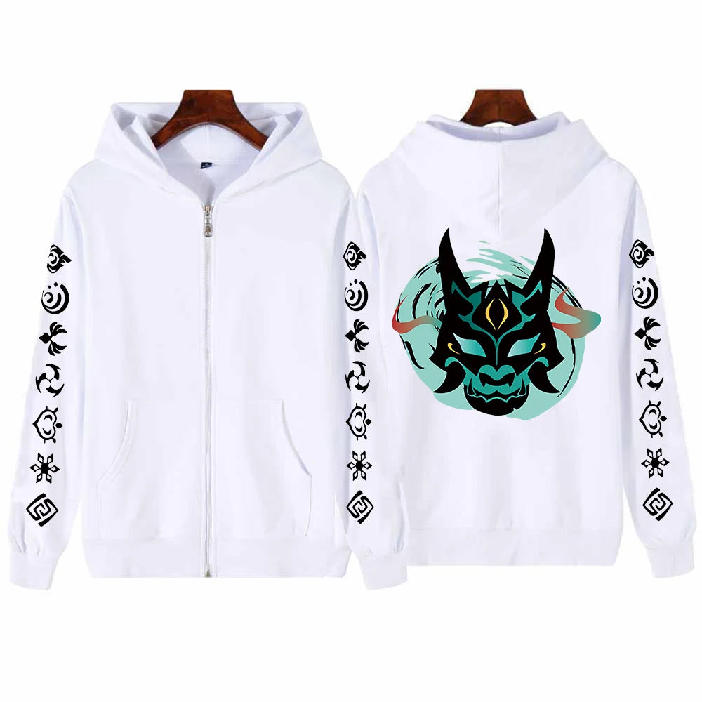 Genshin Impact: Xiao Mask Fangs Anime Print Zipper Hoodies Men Women Harajuku Fashion Long Sleeve Plus Size Zipper Jacket Coat