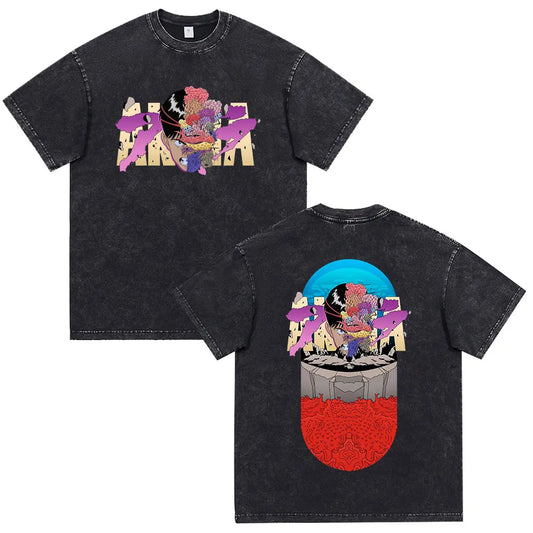 Akira: Washed Vintage T Shirt Science Fiction Cartoon Movie Shotaro Kaneda T-shirt Cotton Casual T-shirt