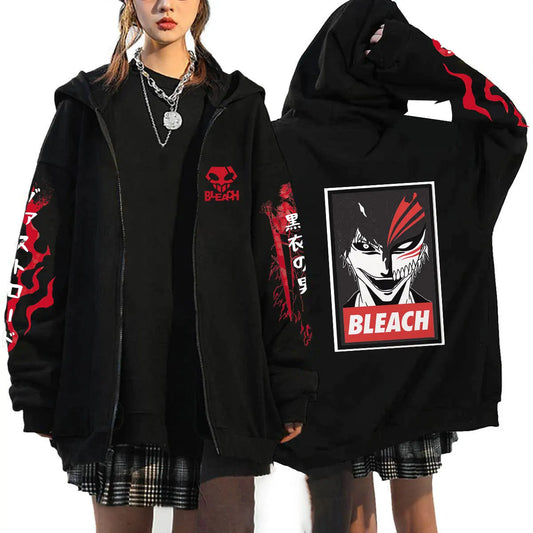 Bleach: Kurosaki Ichigo Printed Hooded Men Women Zip Up Hoodies Casual Loose Sweatshirt Harajuku Unisex Zipper Jacket