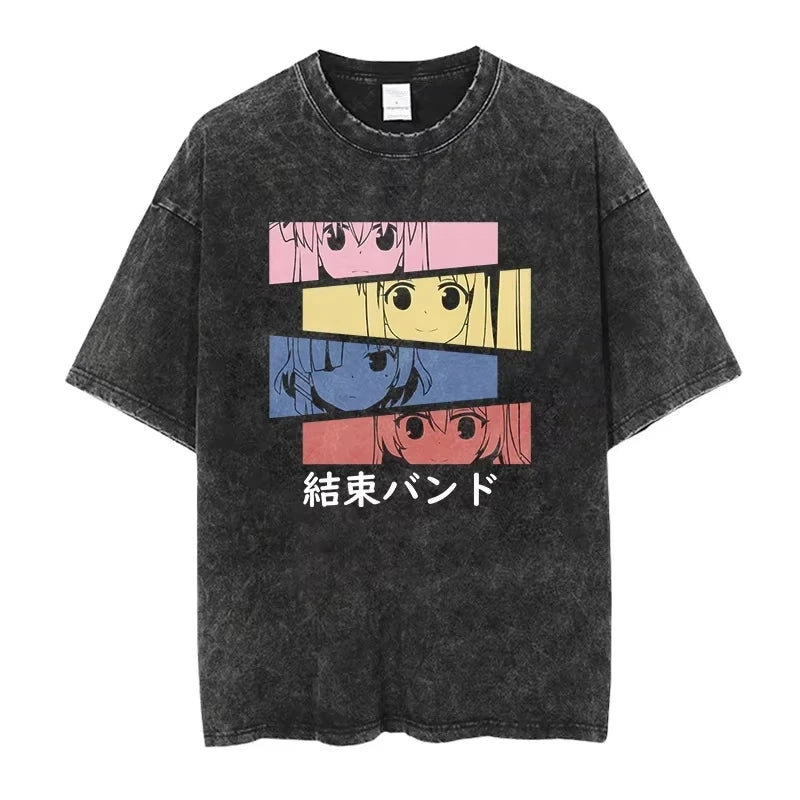 Bocchi The Rock: Manga Ryo Top Print Vintage T-Shirt Casual Basis O-Collar Black Shirt Short Sleeve Washed T-Shirt