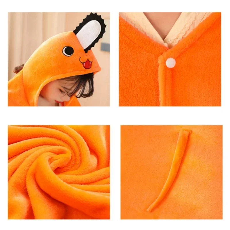 Chainsaw Man: Pochita Blanket Shawl Cute Women Pajamas Kawaii Chainsaw Man Cosplay Costume Adult Plaid Blanket Flannel Homewear