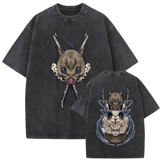 Demon Slayer: Washed Vintage Anime Akaza Graphic T-shirts Men Women Clothing Cotton Oversized Short Sleeve T Shirts Streetwear