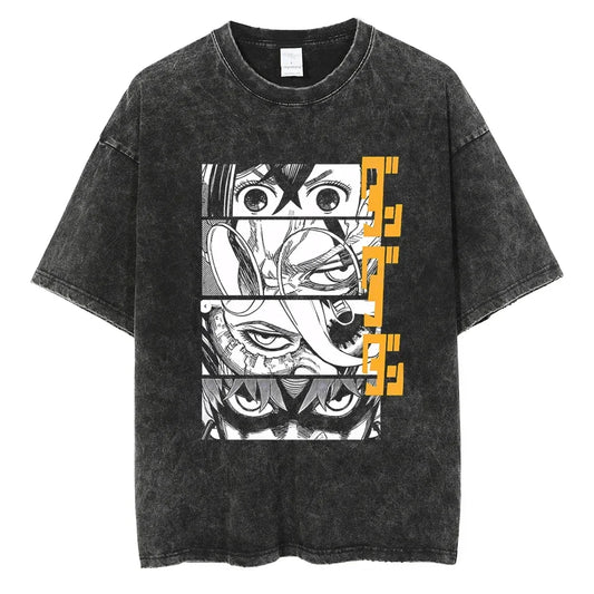Dandadan :26 Anime Okarun Ken Takakura Print Washed Tshirt Men Manga Vintage T-shirts Oversized Cotton T Shirt Harajuku Male Tops