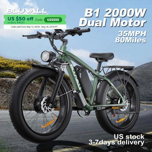 Yowamishi Pedal: BLVALL B1 48V 2000W Full Suspension E-Bike CE Certified 26 Inch Fat Tires Hidden Dual Battery Snow Beach Electric Bicycle