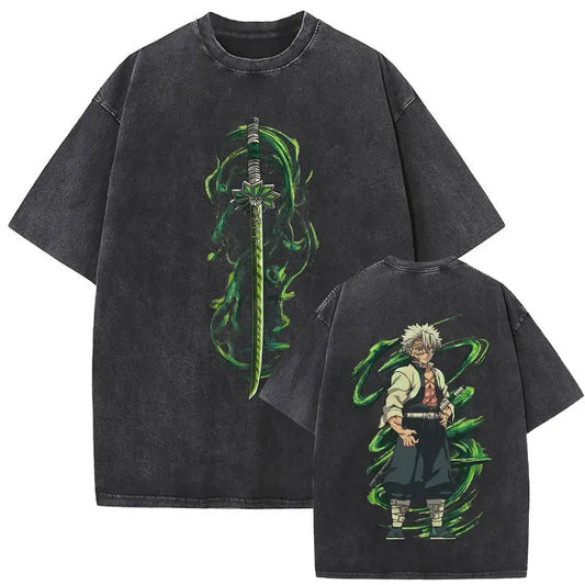 Demon Slayer: Washed Vintage Anime Akaza Graphic T-shirts Men Women Clothing Cotton Oversized Short Sleeve T Shirts Streetwear