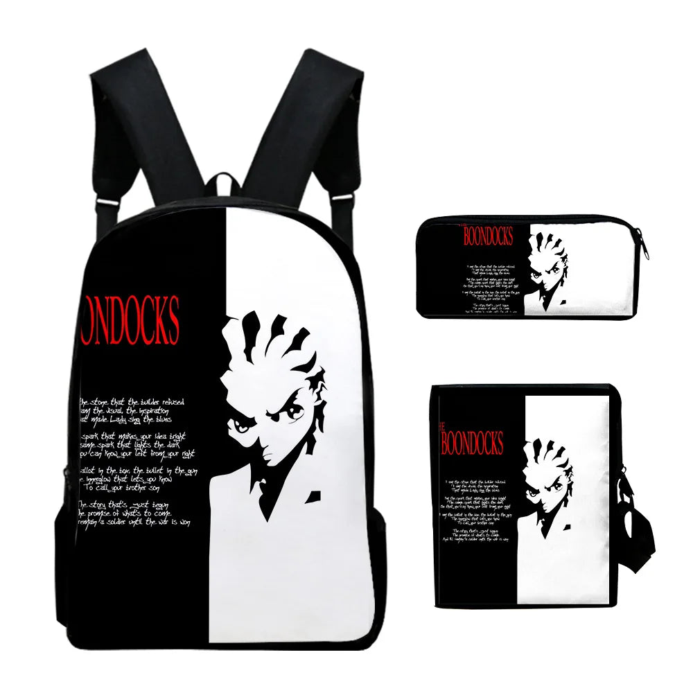 The Boondocks: Harajuku Popular   3D Print 3pcs/Set pupil School Bags Laptop Daypack Backpack Inclined shoulder bag Pencil Case