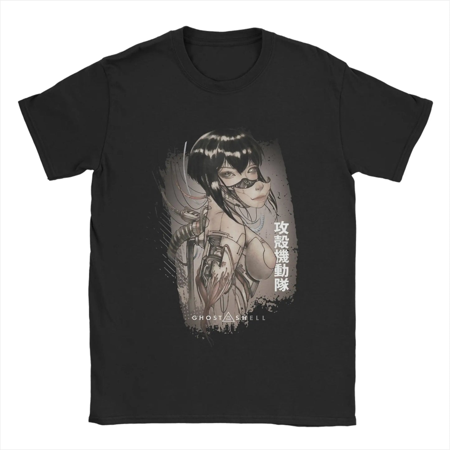 Ghost in the Shell: Major & Japanese Text Print T-Shirt Oversized Black Streetwear Cotton Tee Anime Sci-Fi Aesthetic