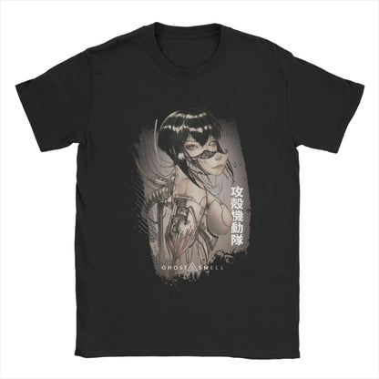 Ghost in the Shell: Major & Japanese Text Print T-Shirt Oversized Black Streetwear Cotton Tee Anime Sci-Fi Aesthetic