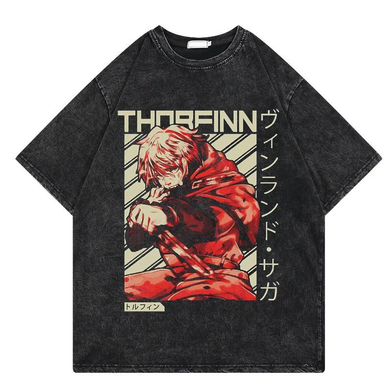 Vinland Saga: Vintage Washed Tshirt Graphic Print Hip Hop Streetwear Loose Y2k Summer Short Sleeve Harajuku 100% Cotton Top
