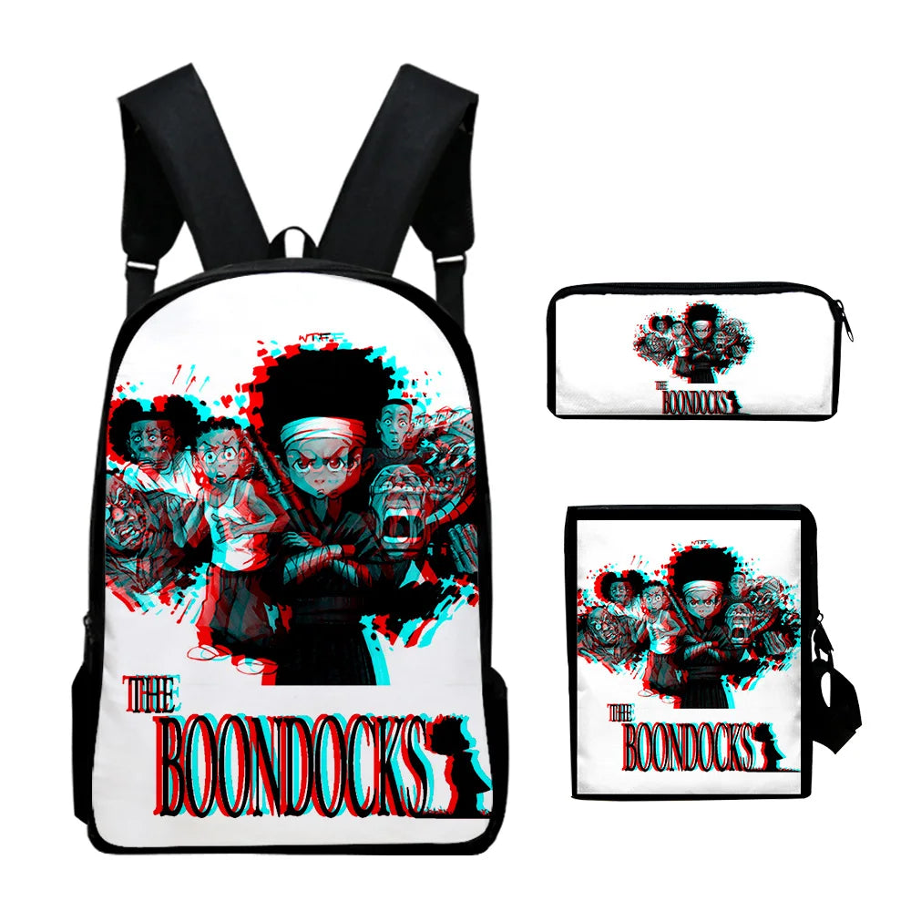 The Boondocks: Harajuku Popular   3D Print 3pcs/Set pupil School Bags Laptop Daypack Backpack Inclined shoulder bag Pencil Case