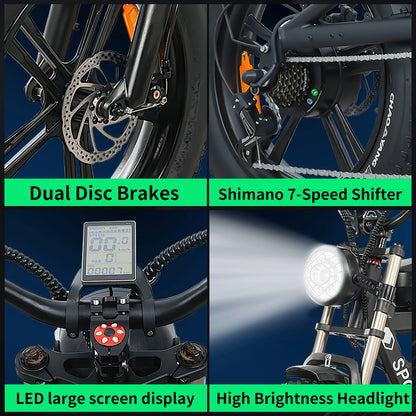 Yowamushi Pedal: [750W Snow-Proof E-Bike] 48V17.5AH Fat Tire Electric Bicycle for Adults,Shimano 7-Speed 330LBS Load,75Miles 35MPH,Turn Signals