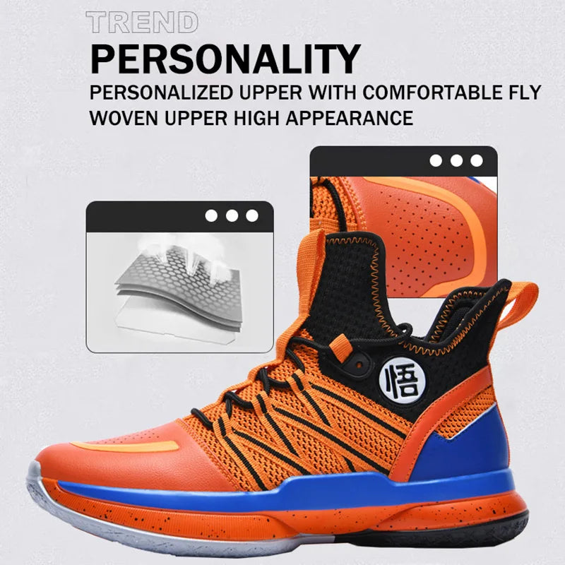 Dragon Ball Style Orange Mens Basketball Shoes Size 39-44 Air Cushioning Sport Sneakers Mesh Breathable Training Shoes