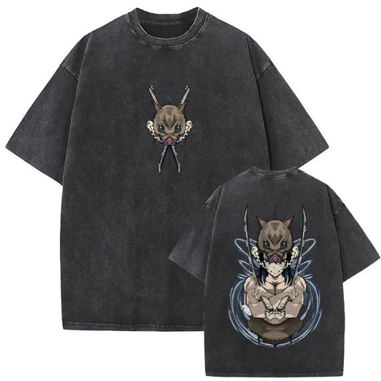 Demon Slayer: Washed Vintage Anime Akaza Graphic T-shirts Men Women Clothing Cotton Oversized Short Sleeve T Shirts Streetwear