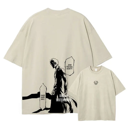 Bleach: Zaraki Kenpachi T Shirts Oversized Vintage Washed  T-shirt Manga Kurosaki Ichigo T Shirt Renji Uryuu Tops Tees Man