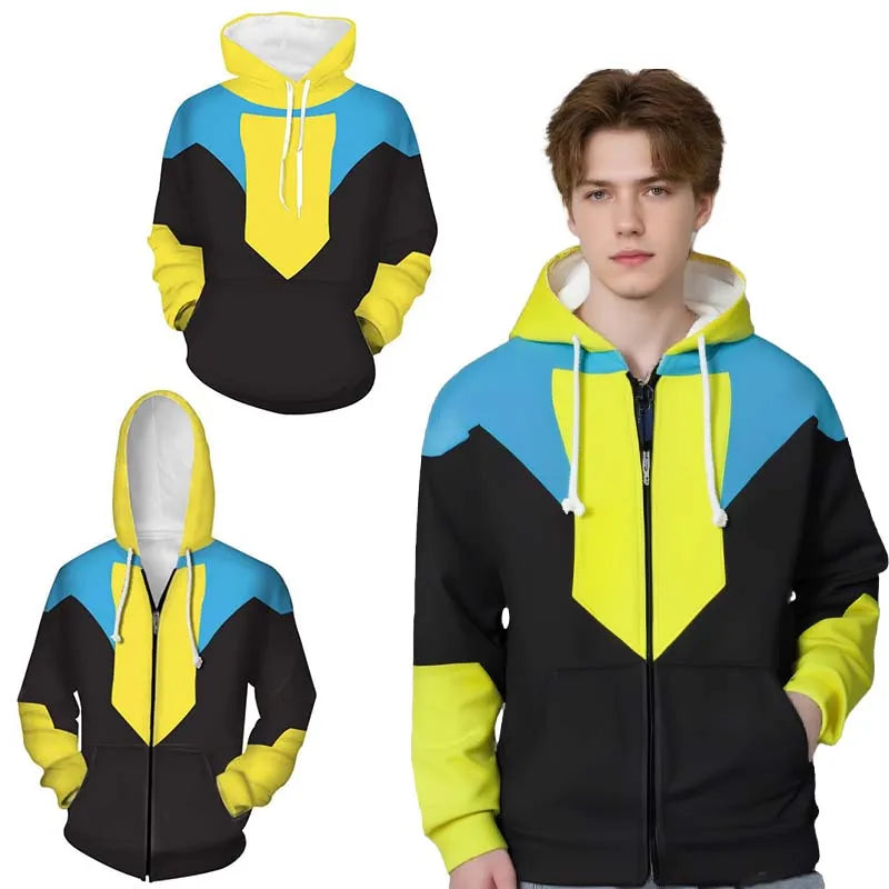 Invincible: Color Block Hoodies for Men Long Sleeve Pullover Sweatshirt with Pockets 3D Printed Casual Streetwear Zipper Jacket