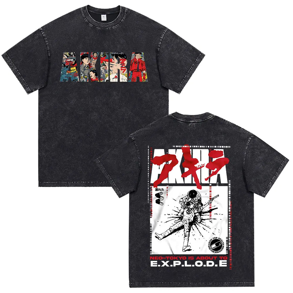 Akira: Washed Vintage T Shirt Science Fiction Cartoon Movie Shotaro Kaneda T-shirt Cotton Casual T-shirt