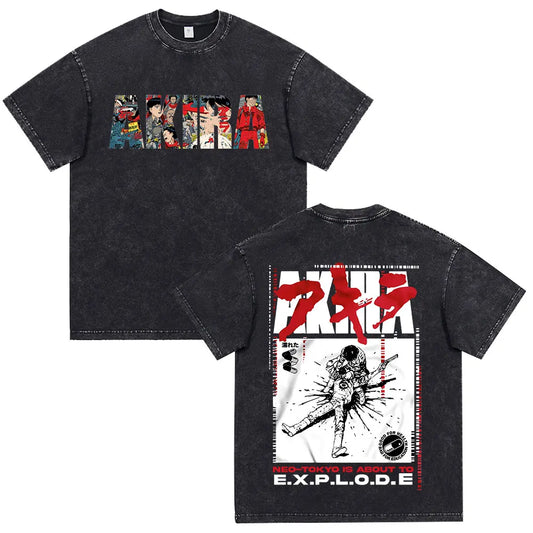 Akira: Washed Vintage T Shirt Science Fiction Cartoon Movie Shotaro Kaneda T-shirt Cotton Casual T-shirt