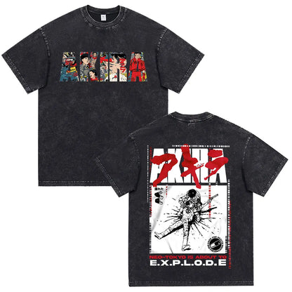 Akira: Washed Vintage T Shirt Science Fiction Cartoon Movie Shotaro Kaneda T-shirt Cotton Casual T-shirt