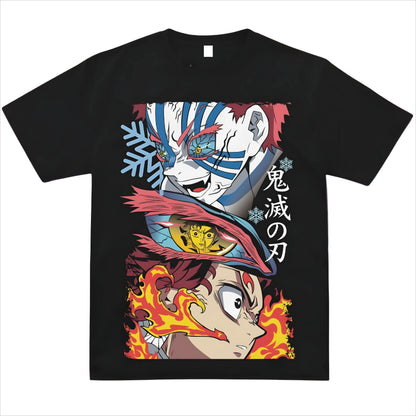 Demon Slayer: Akaza Vs Tanjiro Anime Graphic T Shirt Water Fire Breathing Kimetsu No Yaiba Manga Streetwear Cotton Tee