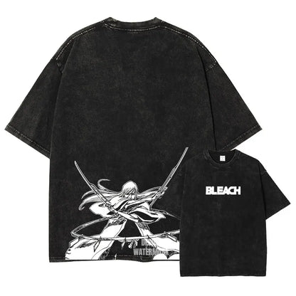 Bleach: Zaraki Kenpachi T Shirts Oversized Vintage Washed  T-shirt Manga Kurosaki Ichigo T Shirt Renji Uryuu Tops Tees Man