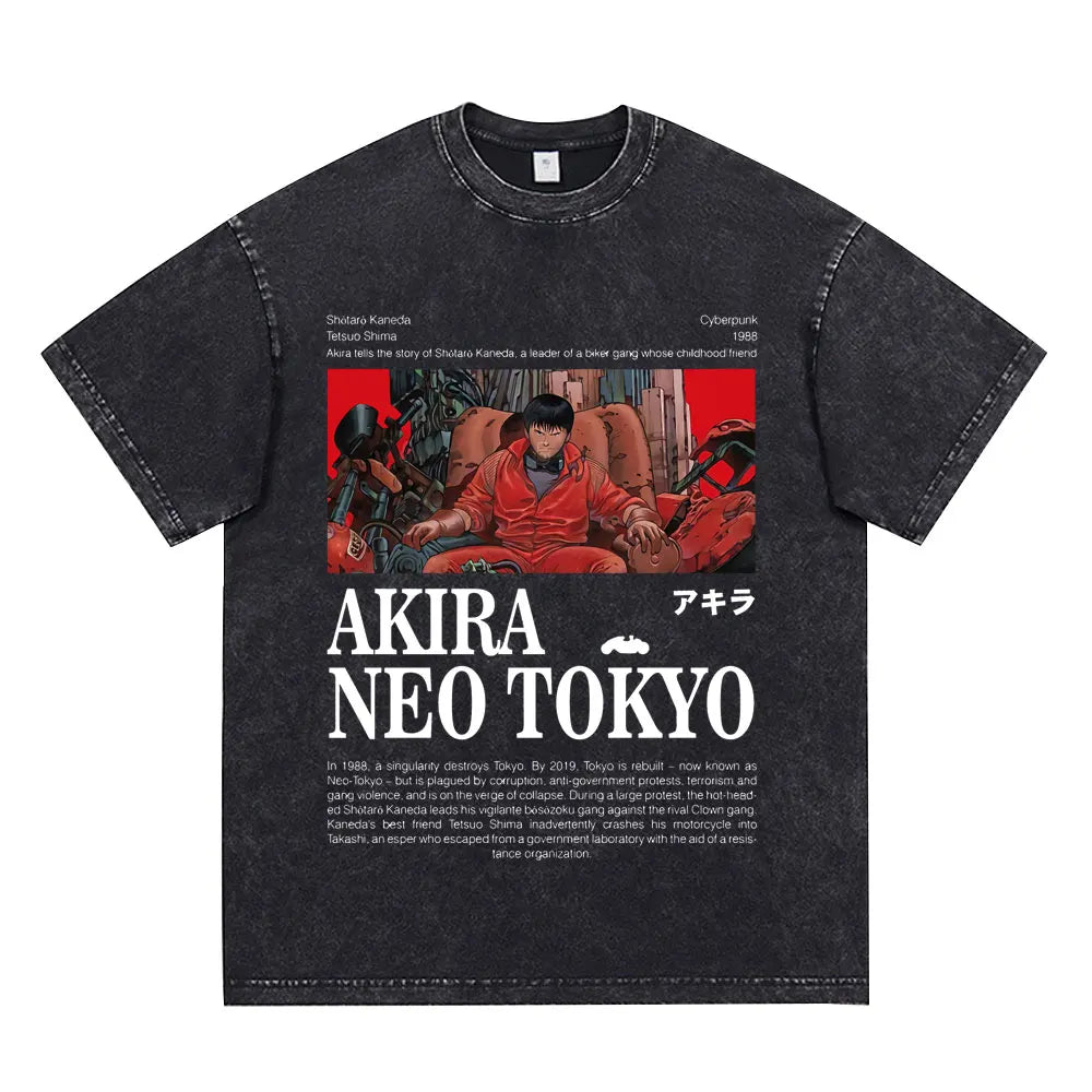 Akira: Washed Vintage T Shirt Science Fiction Cartoon Movie Shotaro Kaneda T-shirt Cotton Casual T-shirt