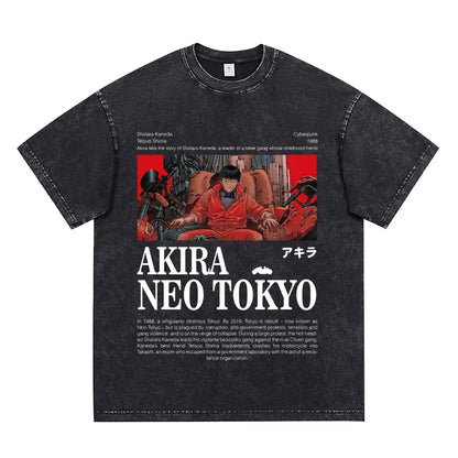Akira: Washed Vintage T Shirt Science Fiction Cartoon Movie Shotaro Kaneda T-shirt Cotton Casual T-shirt
