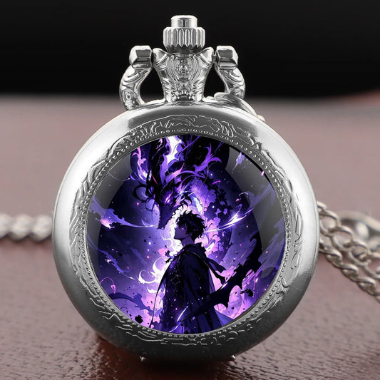 Solo Leveling Arabic Dial Black Glass Dome Quartz Pocket Watch Vintage Accessory Women Necklace Pendant Clock Men Gifts Relógio
