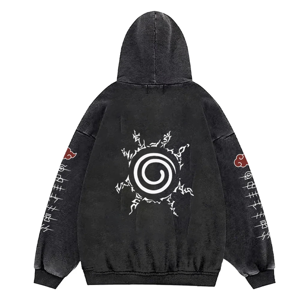Anime Hoodies Men Women Gothic Manga Hooded Pullover Acid Wash Cotton Casual Sweatshirts Vintage Streetwear Men's Clothing