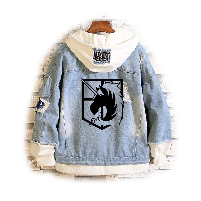 2023 Attack on Titan Jeans Jacket Scout Regiment Cosplay Denim Jacket Autumn Eren Jager Hooded Sweatshirt Outwear Coat