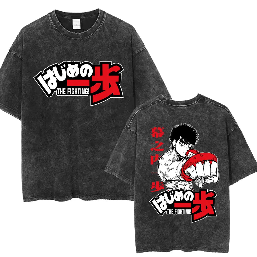 Anime Ippo Makunouchi Manga Graphic Print T-shirt Retro Washed Cotton Oversized Men Women Summer Harajuku Fashion Casual New Tee