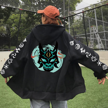 Genshin Impact: Xiao Mask Fangs Anime Print Zipper Hoodies Men Women Harajuku Fashion Long Sleeve Plus Size Zipper Jacket Coat