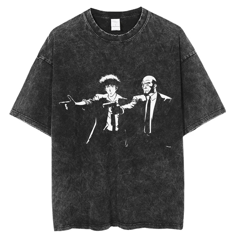 Cowboy Bebop: Vintage Washed T-Shirt Denim Harajuku Cotton Fashion Streetwear Neutral Top  Harajuku  Oversized T Shirt