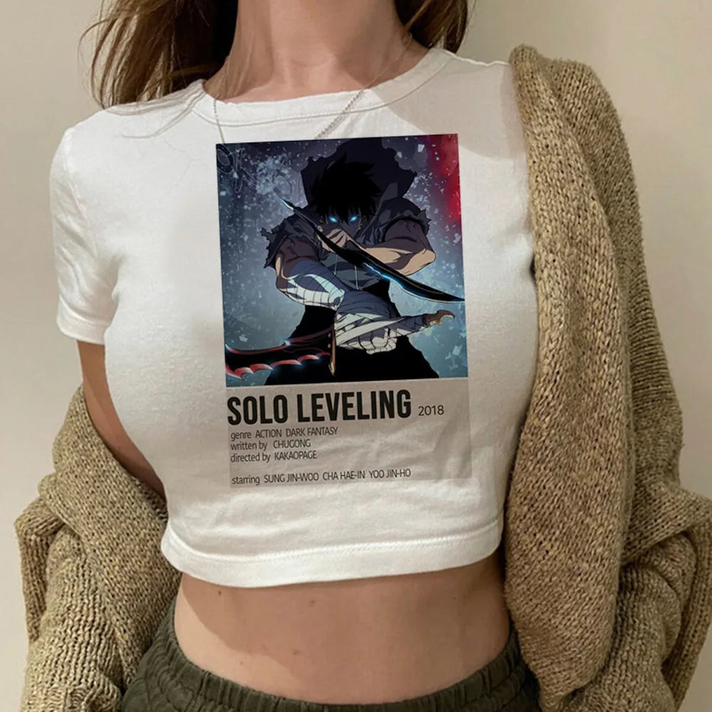 Solo Leveling: Levelling crop top gothic  summer cute Aesthetic 2000s harajuku coquette Streetwear babydoll woman t-shirt