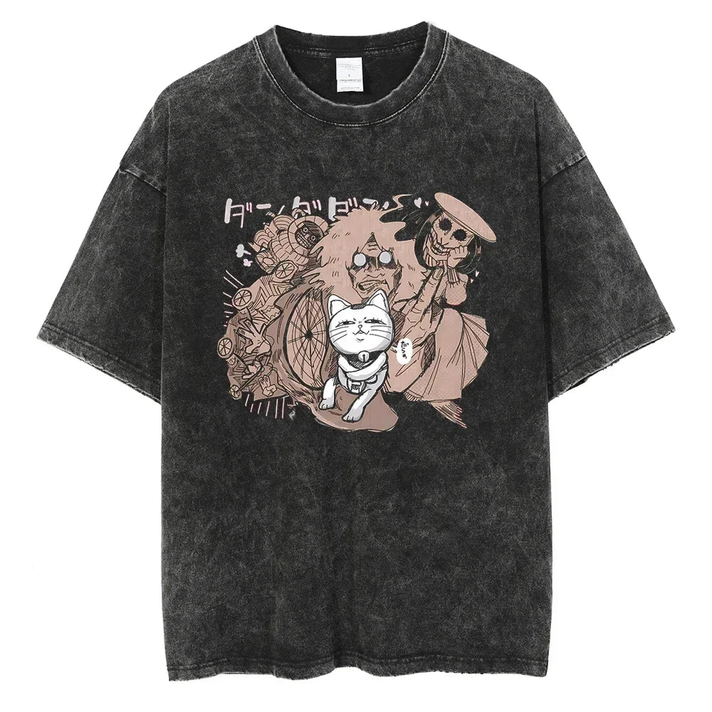 Dandadan :26 Anime Okarun Ken Takakura Print Washed Tshirt Men Manga Vintage T-shirts Oversized Cotton T Shirt Harajuku Male Tops