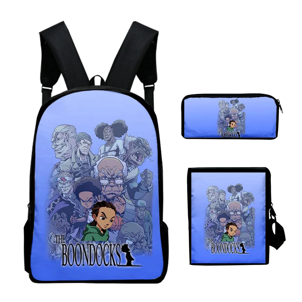 The Boondocks: Harajuku Popular   3D Print 3pcs/Set pupil School Bags Laptop Daypack Backpack Inclined shoulder bag Pencil Case