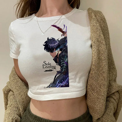Solo Leveling: Levelling crop top gothic  summer cute Aesthetic 2000s harajuku coquette Streetwear babydoll woman t-shirt