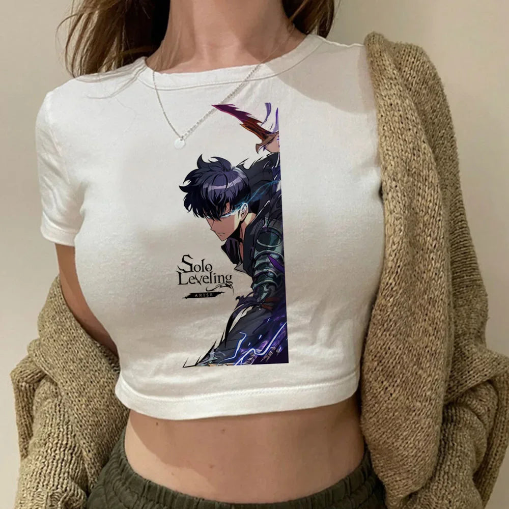 Solo Leveling: Levelling crop top gothic  summer cute Aesthetic 2000s harajuku coquette Streetwear babydoll woman t-shirt