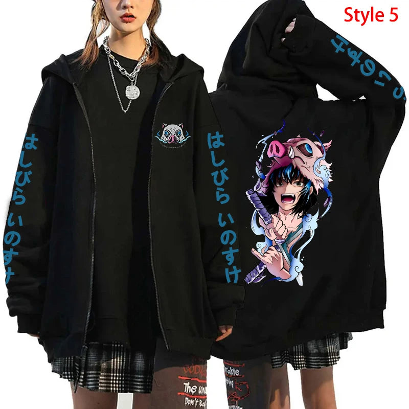 Demon Slayer: Hot Hashibira Inosuke Printing Zipper Hoodie Fashion Y2k Personality Zipper Long Sleeve Hooded Sweatshirt